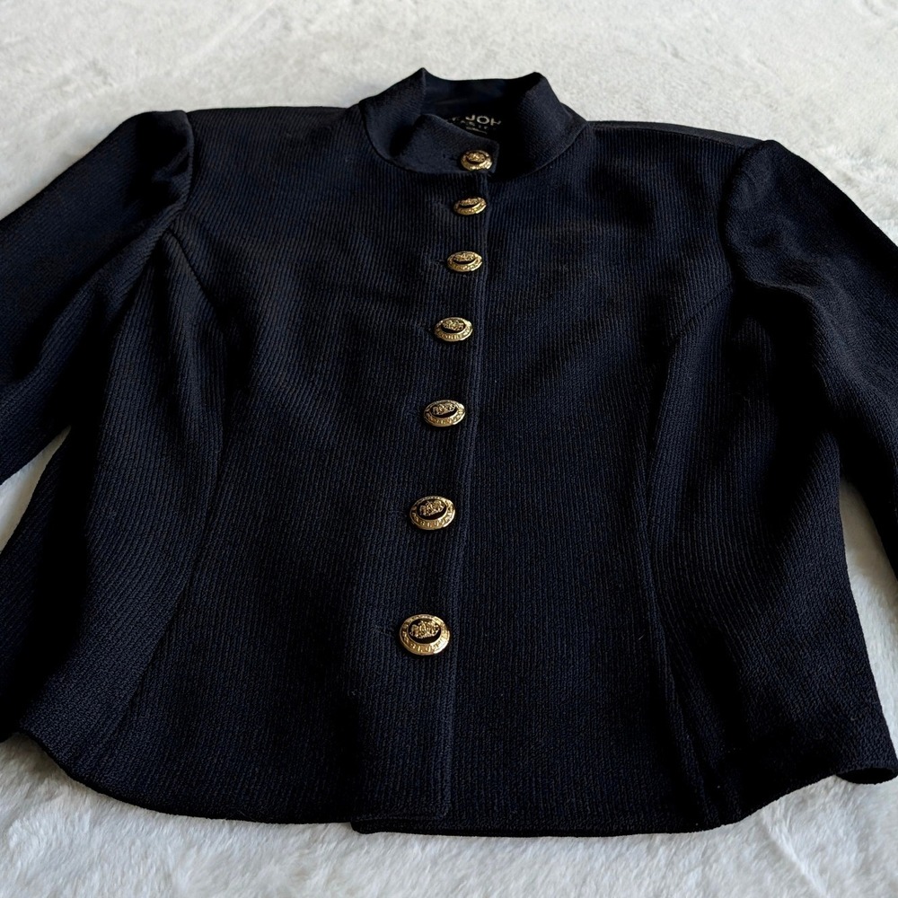 St. John Basics Black Santana Knit Mock Neck Jacket Gold Crest Buttons Size 10 - Picture 4 of 9